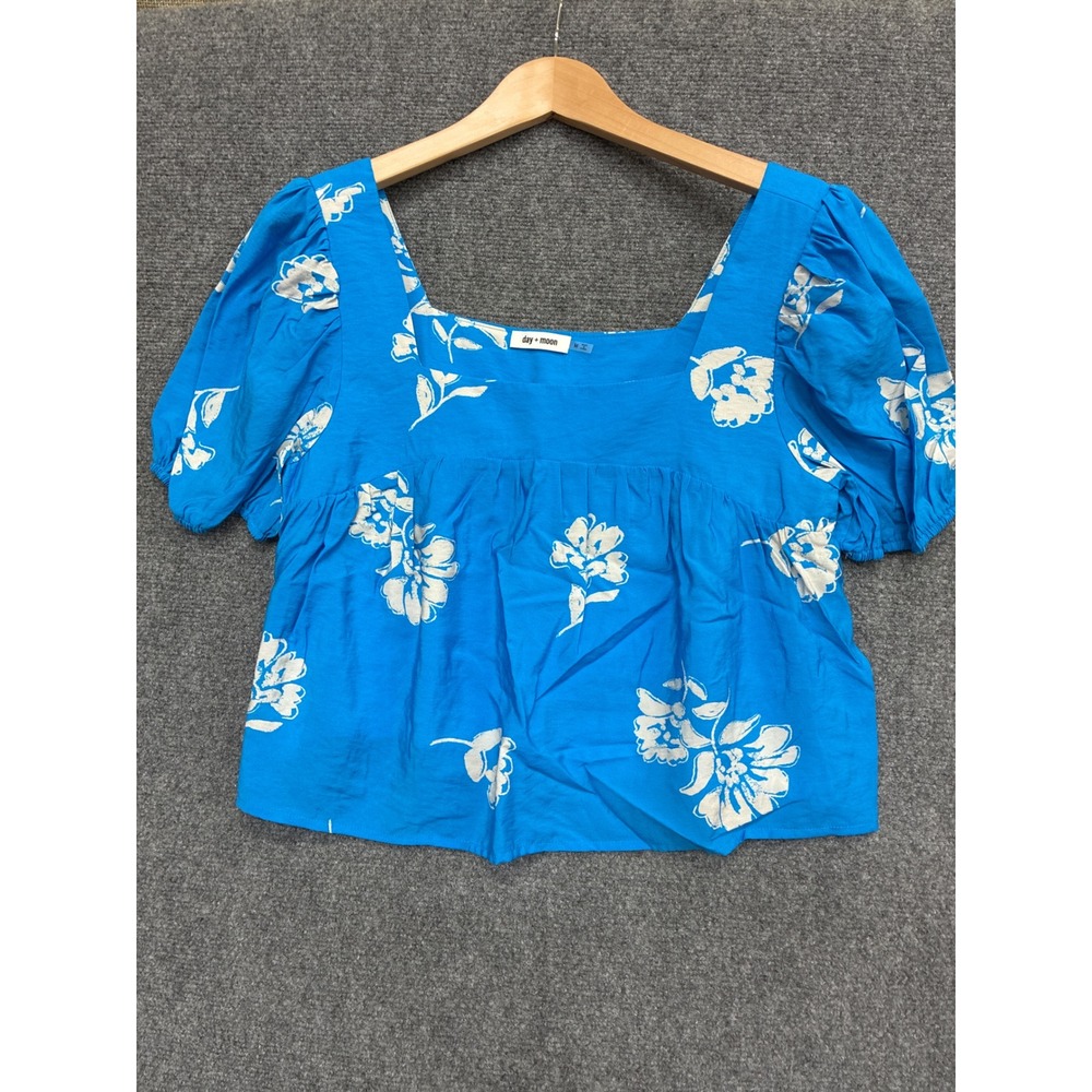 Day + Moon‎ Blue Floral Square Neck Puff Sleeve Babydoll Blouse Top Medium